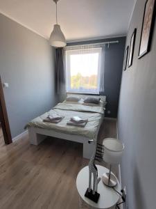 um pequeno quarto com uma cama e uma janela em Apartament Słowińców 42 em Wejherowo