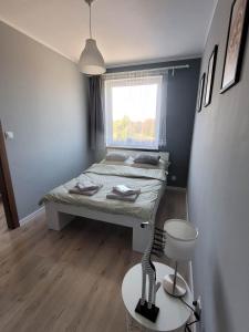 a small bedroom with a bed and a window at Apartament Słowińców 32 in Wejherowo