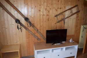 a room with a tv on a wooden wall at Chalet Moos in Randa