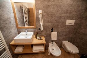 a bathroom with a sink and a toilet and a mirror at Residence Ronchi in Molveno