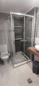 a bathroom with a shower with a toilet and a sink at Studios Iris in Pythagoreio