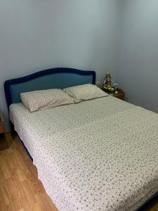 a bed in a bedroom with a blue headboard at Skadar Lake Apartment -Karolina in Vranjina