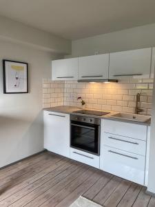 una cocina con armarios blancos y fregadero en Stilvolles Apartment mit Sauna, en Burg