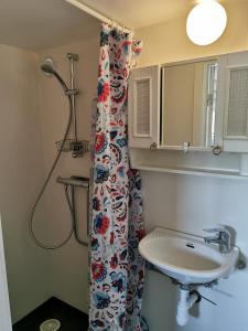 uma casa de banho com uma cortina de chuveiro e um lavatório em Lilla stugan em Gotemburgo