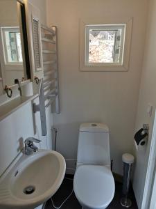 a bathroom with a white toilet and a sink at Lilla stugan in Gothenburg