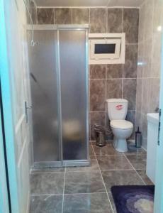 La salle de bains est pourvue d'une douche et de toilettes. dans l'établissement Two bedroom villa, à Degirmen