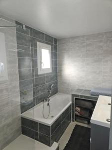 a bathroom with a bath tub and a sink at La Maison de Léonie sur Vias in Vias