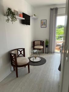 a living room with two chairs and a table at Soko Apartments & Rooms in Zaton