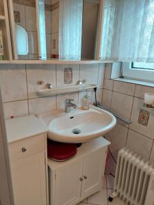 a bathroom with a sink and a mirror at urige gemütliche Ferienwohnung 64 m2 in Dielheim, Nähe Heidelberg in Dielheim +31 photos