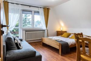 a bedroom with a bed and a couch and a window at Pensjonat Góraleczka-Kościelisko in Kościelisko