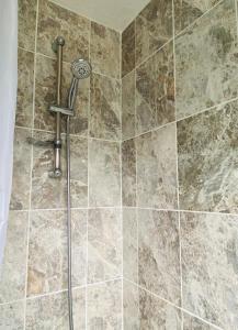 a shower with a shower head in a bathroom at A single-bed room with a guest lounge in Cheltenham