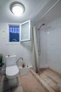 a bathroom with a toilet and a shower and a window at Corfu Stinados Apartment in Giannádes