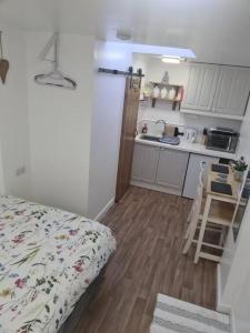 a small room with a bed and a kitchen at Sunset Place in Lower Boscaswell