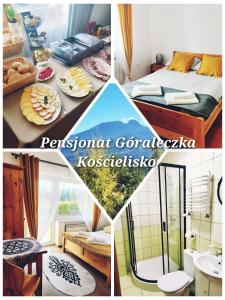 a collage of pictures of a bedroom with a bed and a bathroom at Pensjonat Góraleczka-Kościelisko in Kościelisko