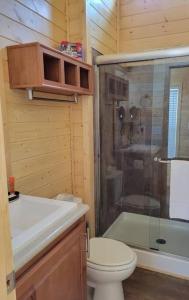 a bathroom with a toilet and a shower and a sink at 080 Tiny Home nr Grand Canyon South Rim Sleeps 8 in Valle