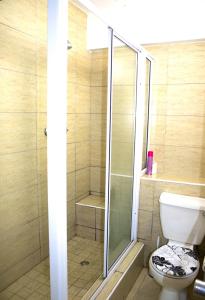 a bathroom with a toilet and a glass shower at Unit 104 @Tenbury in Durban