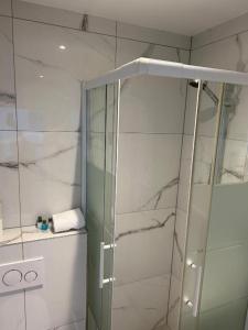 W łazience znajduje się prysznic ze szklanymi drzwiami. w obiekcie M & M Hotel w mieście Oyten