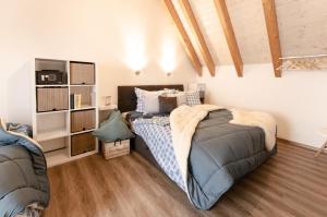 a bedroom with a bed and a book shelf at Nepomuk pod Prahou in Nepomuk