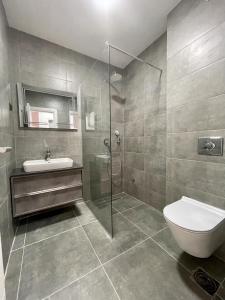 a bathroom with a shower and a toilet and a sink at Tivat TOP privacy apartments Manor in Tivat