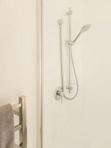 a shower in a bathroom with a glass door at Entire Unit - 18 Rodman - newly furnished in Lake Tekapo