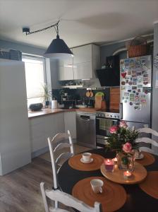 eine Küche mit einem Tisch und Stühlen sowie einem Kühlschrank in der Unterkunft Atrakcyjny apartament z dużym ogrodem in Danzig