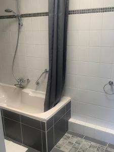ein Bad mit einer Dusche mit einer Badewanne und einem Duschvorhang in der Unterkunft Hotel Flevo in Zeewolde
