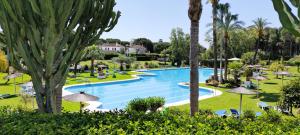 uma piscina num resort com guarda-sóis e árvores em Apartamento con Jardin y Piscina en Playa em Estepona