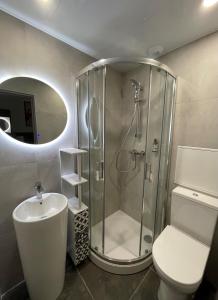 a bathroom with a shower and a toilet and a sink at Urban Style Cannes Mouans-Sartoux - Piscine Extérieure - Parking Gratuit in Mouans-Sartoux