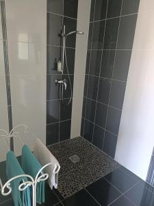 y baño con ducha de azulejos azules. en La Cazaline en Cazaux