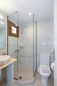 een badkamer met een douche, een toilet en een wastafel bij Agapitos Apartments in Nikiti