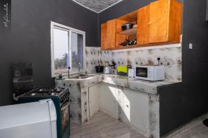eine Küche mit einer Spüle und einer Mikrowelle in der Unterkunft Seaview 1-Bed Suite on Cape Point Beach Bakau in Bakau