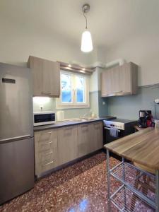 a kitchen with stainless steel appliances and a wooden table at Volos center, St Nicholas Square, XENIOS in Volos