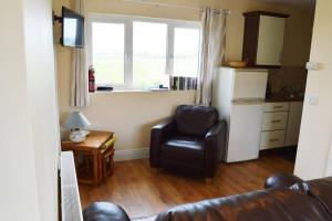 a living room with a chair and a refrigerator at The Getaway, Miltown Malbay in Miltown Malbay