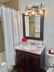 La salle de bains est pourvue d'un lavabo, d'un miroir et de toilettes. dans l'établissement “Beautifull Cozy Studio…With Private Entrance”, à Las Vegas