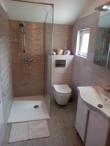 een badkamer met een douche, een toilet en een wastafel bij Apartmani Krpeta in Pakoštane