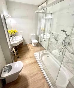 a bathroom with a shower and a toilet and a sink at Casa de la Playa in Vega de Espinareda