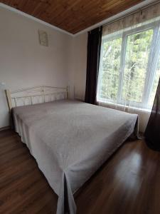 1 dormitorio con cama y ventana grande en Guest House Odessa Sea en Odesa