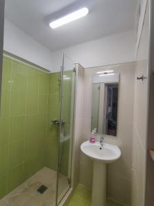 La salle de bains est pourvue d'un lavabo et d'une douche en verre. dans l'établissement Aconchegante T3 em Telheiras, à Lisbonne