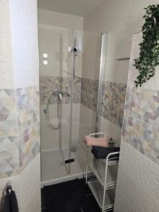 a bathroom with a shower with a chair and a stool at APARTMA FIREFLY1 in Ljubljana +8 photos