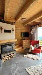 ein Wohnzimmer mit einem Kamin und einem TV in der Unterkunft Domek na Kleninie z gorącą balią in Kamienica