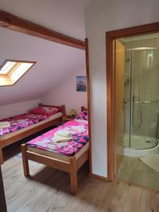 una camera con due letti e una doccia in vetro di Guest House Josipović a Korenica