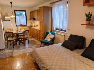 1 dormitorio con cama, mesa y cocina en Apartment Kolodvor, en Dornberk