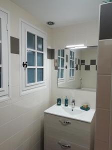 ein weißes Badezimmer mit einem Waschbecken und einem Spiegel in der Unterkunft Aux 3 Licornes in Nevy-sur-Seille