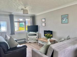 a living room with a couch and a tv at Pass the Keys Seaside Escape Freshwater East in Pembroke