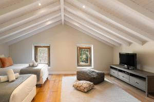 a living room with a vaulted ceiling and a tv at Casa do Vale in Óbidos