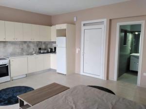 a kitchen with white cabinets and a door leading to a bathroom at Brand new spacious studio in Itea