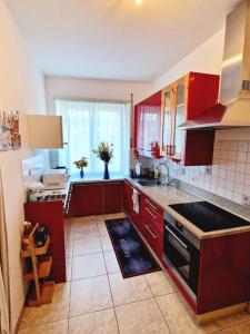 kuchnia z czerwonymi szafkami i dużym oknem w obiekcie Appartamento 4.5 - Gordola w mieście Gordola