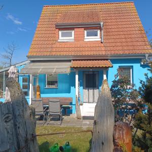 une maison bleue avec un toit rouge dans l'établissement Ferienhaus Dünenhaus, à Dierhagen