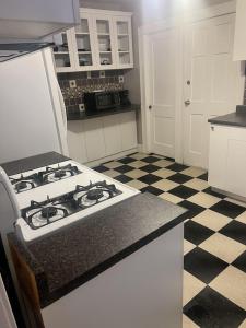 a kitchen with a stove and a black and white checkered floor at Secret Oasis In The Heart Of Hartford in Hartford