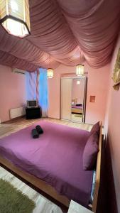 リヴィウにあるApartment Kotliarska st.-Moisha Houseの天井の大きな紫色のベッドが備わるベッドルーム1室が備わります。